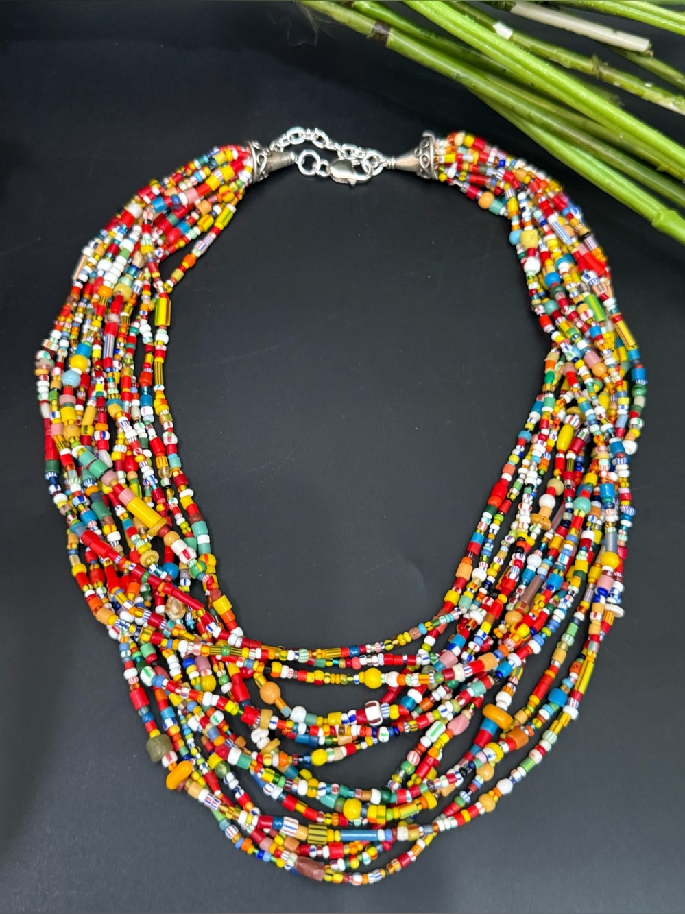 Handcrafted Multicolored African Glass Seed Beads 14-Strands Bohemian Necklace